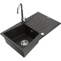 Mexen Cesar 1 Becken-Granitspüle mit Abtropffläche und Mischbatterie Telma, Schwarz/Gold - 6514-75-670200-00