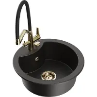 Mexen Diego 1-Becken-Granitspüle mit Mischbatterie Duo, Schwarz/Gold metallisch - 6512-75-671701-57-G