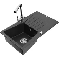 Mexen Cesar 1 Becken-Granitspüle mit Abtropffläche und Mischbatterie Duero, Schwarz/Silbermetallic - 6514-73-671600-00