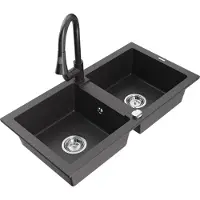 Mexen Mario 2-Becken-Granitspüle mit Mischbatterie Elia, Schwarz gesprenkelt - 6504-76-670101-76