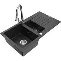 Mexen Matias 1,5-Becken-Granitspüle mit Abtropffläche und Mischbatterie Elia, Schwarz/Silbermetallic - 6502-73-670101-00