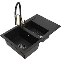 Mexen Gaspar 1,5-Becken-Granitspüle mit Abtropffläche und Mischbatterie Aster, Schwarz - 6507-77-73450-57-B