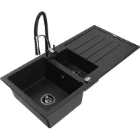 Mexen Andres 1,5-Becken-Granitspüle mit Abtropffläche und Mischbatterie Aster, Schwarz - 6515-77-73450-07-B