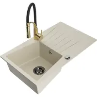 Mexen Cesar 1 Becken-Granitspüle mit Abtropffläche und Mischbatterie Aster, Beige - 6514-69-73450-57-B