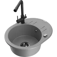 Mexen Kevin 1 Becken-Granitspüle mit Abtropffläche und Mischbatterie Duero, Grau - 6517-71-671600-70-B