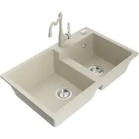 Mexen Tomas 2-Becken-Granitspüle mit Mischbatterie Carla, Beige - 6516-69-670700-69