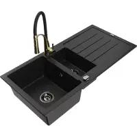 Mexen Andres 1,5-Becken-Granitspüle mit Abtropffläche und Mischbatterie Aster, Schwarz - 6515-77-73450-57-B