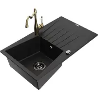 Mexen Cesar 1 Becken-Granitspüle mit Abtropffläche und Mischbatterie Carla, Schwarz - 6514-77-670700-50-B