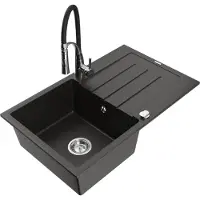 Mexen Bruno 1 Becken-Granitspüle mit Abtropffläche und Mischbatterie Aster, Schwarz/Gold metallisch - 6513-75-73450-07