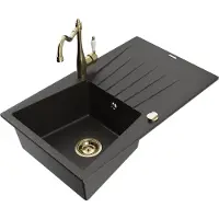 Mexen Cesar 1 Becken-Granitspüle mit Abtropffläche und Mischbatterie Carla, Schwarz/Gold metallisch - 6514-75-670700-50