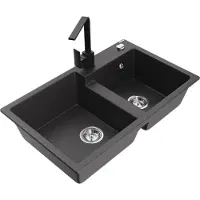 Mexen Tomas 2-Becken-Granitspüle mit Mischbatterie Rita, Schwarz gesprenkelt - 6516-76-670300-70