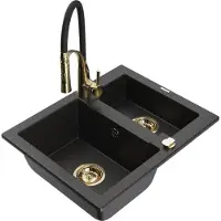 Mexen Carlos 1-Becken-Granit-Spüle mit Mischbatterie Aster, Schwarz/Silbermetallic - 6518-73-73450-57-G