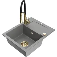 Mexen Enzo 1 Becken-Granitspüle mit Abtropffläche und Mischbatterie Aster, Grau - 6506-71-73450-57-G