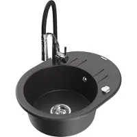 Mexen Kevin 1 Becken-Granitspüle mit Abtropffläche und Mischbatterie Aster, Schwarz gesprenkelt - 6517-76-73450-07
