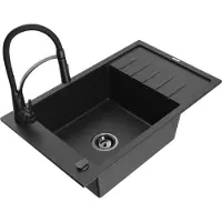 Mexen Elias 1 Becken-Granitspüle mit Abtropffläche und Mischbatterie Aster, Schwarz/Silbermetallic - 6511-73-73450-70-B