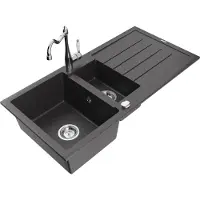 Mexen Andres 1,5-Becken-Granitspüle mit Abtropffläche und Mischbatterie Carla, Schwarz gesprenkelt - 6515-76-670700-00