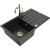 Mexen Bruno 1 Becken-Granitspüle mit Abtropffläche und Mischbatterie Carla, Schwarz/Silbermetallic - 6513-73-670700-50