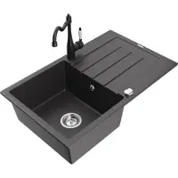 Mexen Bruno 1 Becken-Granitspüle mit Abtropffläche und Mischbatterie Carla, Schwarz gesprenkelt - 6513-76-670700-70