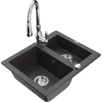Mexen Carlos 1,5-Becken-Granitspüle mit Mischbatterie Savita, Schwarz gesprenkelt - 6518-76-672601-00