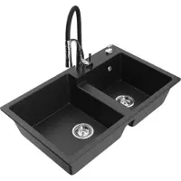 Mexen Tomas 2-Becken-Granitspüle mit Mischbatterie Aster, Schwarz/Silbermetallic - 6516-73-73450-07