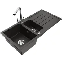 Mexen Andres 1,5-Becken-Granitspüle mit Abtropffläche und Mischbatterie Duero, Schwarz/Gold - 6515-75-671600-00