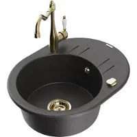 Mexen Kevin 1 Becken-Granitspüle mit Abtropffläche und Mischbatterie Carla, Schwarz gesprenkelt - 6517-76-670700-50