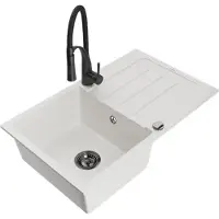 Mexen Bruno 1 Becken-Granitspüle mit Abtropffläche und Mischbatterie Aster, Weiß - 6513-20-73450-70-B