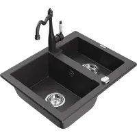 Mexen Carlos 1,5-Becken-Granitspüle mit Mischbatterie Carla, Schwarz gesprenkelt - 6518-76-670700-76