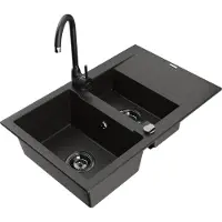 Mexen Gaspar 1,5-Becken-Granitspüle mit Abtropffläche und Mischbatterie Telma, Schwarz/Gold - 6507-75-670200-70-B