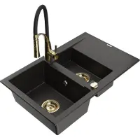 Mexen Gaspar 1,5-Becken-Granitspüle mit Abtropffläche und Mischbatterie Aster, Schwarz/Gold metallisch - 6507-75-73450-57-G