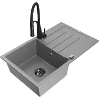 Mexen Bruno 1 Becken-Granitspüle mit Abtropffläche und Mischbatterie Aster, Grau - 6513-71-73450-70-B