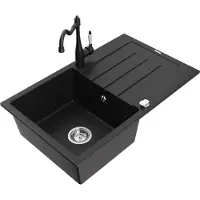 Mexen Bruno 1 Becken-Granitspüle mit Abtropffläche und Mischbatterie Carla, Schwarz - 6513-77-670700-70