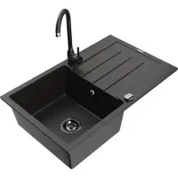 Mexen Bruno 1 Becken-Granitspüle mit Abtropffläche und Mischbatterie Telma, Schwarz/Gold - 6513-75-670200-70-B