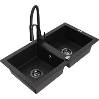 Mexen Mario 2-Becken-Granitspüle mit Mischbatterie Aster, Schwarz - 6504-77-73450-70-B