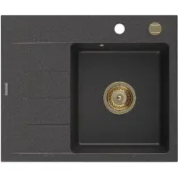 Mexen Ben Granitspüle 1-Becken mit Abtropffläche rechts 600 x 500 mm, schwarz gesprenkelt, goldener Siphon - 6523605000-76-G