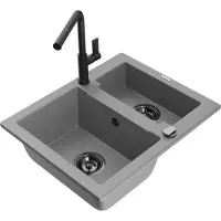 Mexen Carlos 1,5-Becken-Granitspüle mit Mischbatterie Flora, Grau - 6518-71-670401-70-B