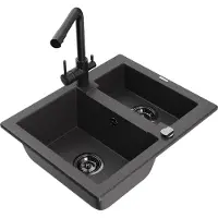 Mexen Carlos 1,5-Becken-Granitspüle mit Mischbatterie Duero, Schwarz gesprenkelt - 6518-76-671600-70-B