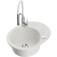Mexen Kevin 1 Becken-Granitspüle mit Abtropffläche und Mischbatterie Aster, Weiß - 6517-20-73450-02