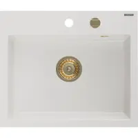 Mexen Oscar Granitspüle 1-Becken 580 x 490 mm, weiß, goldener Siphon - 6519581000-20-G