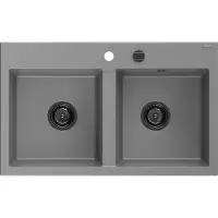 Mexen Hektor Granitspüle 2-Becken 800 x 480 mm, grau, schwarzer Siphon - 6521802000-71-B