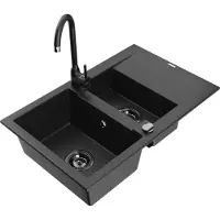 Mexen Gaspar 1,5-Becken-Granitspüle mit Abtropffläche und Mischbatterie Telma, Schwarz/Silber - 6507-73-670200-70-B