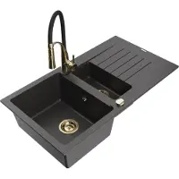 Mexen Matias 1,5-Becken-Granitspüle mit Abtropffläche und Mischbatterie Aster, Schwarz gesprenkelt - 6502-76-73450-57-G