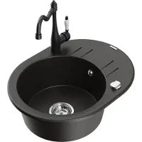 Mexen Kevin 1 Becken-Granitspüle mit Abtropffläche und Mischbatterie Carla, Schwarz/Gold metallisch - 6517-75-670700-70