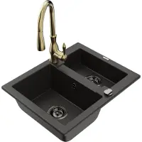 Mexen Carlos 1,5-Becken-Granitspüle mit Mischbatterie Savita, Schwarz/Gold metallisch - 6518-75-672601-50-B