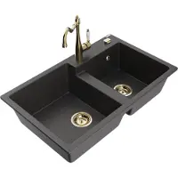 Mexen Tomas 2-Becken-Granitspüle mit Mischbatterie Carla, Schwarz gesprenkelt - 6516-76-670700-50