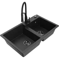 Mexen Tomas 2-Becken-Granitspüle mit Mischbatterie Aster, Schwarz/Silbermetallic - 6516-73-73450-70-B