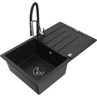 Mexen Bruno 1 Becken-Granitspüle mit Abtropffläche und Mischbatterie Aster, Schwarz - 6513-77-73450-07-B