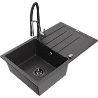 Mexen Bruno 1 Becken-Granitspüle mit Abtropffläche und Mischbatterie Aster, Schwarz gesprenkelt - 6513-76-73450-07-B