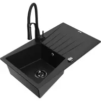 Mexen Cesar 1 Becken-Granitspüle mit Abtropffläche und Mischbatterie Aster, Schwarz - 6514-77-73450-70-B