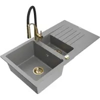 Mexen Matias 1,5-Becken-Granitspüle mit Abtropffläche und Mischbatterie Aster, Grau - 6502-71-73450-57-G